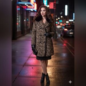 ​Jessica Leopard Print Double Breasted Coat with Faux Fur Collar - Medium